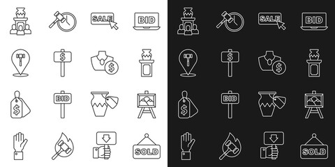 Set line Auction sold, painting, ancient vase, Price tag with Sale, Hand holding auction paddle, hammer, and jewelry sale icon. Vector