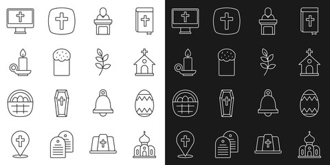 Set line Church building, Easter egg, pastor preaching, cake, Burning candle candlestick, Christian cross on monitor and Willow leaf icon. Vector