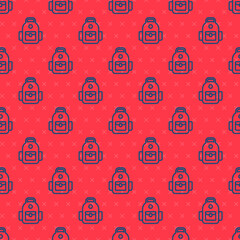 Blue line School backpack icon isolated seamless pattern on red background. Vector