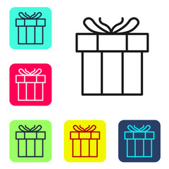 Black line Gift box icon isolated on white background. Valentines day. Set icons in color square buttons. Vector