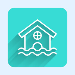 White line House flood icon isolated with long shadow background. Home flooding under water. Insurance concept. Security, safety, protection, protect concept. Green square button. Vector