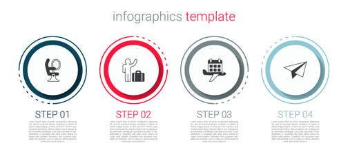 Set Airplane seat, Tourist with suitcase, Calendar and airplane and Paper. Business infographic template. Vector