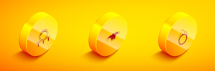 Set Isometric Roller coaster, Jester hat with bells and Circus fire hoop icon. Vector