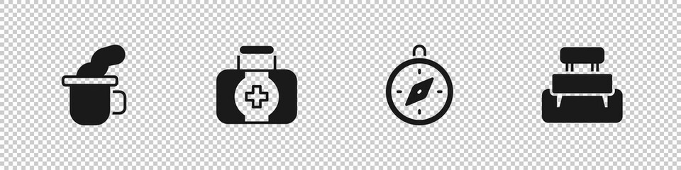 Set Cup of tea, First aid kit, Compass and Bench icon. Vector