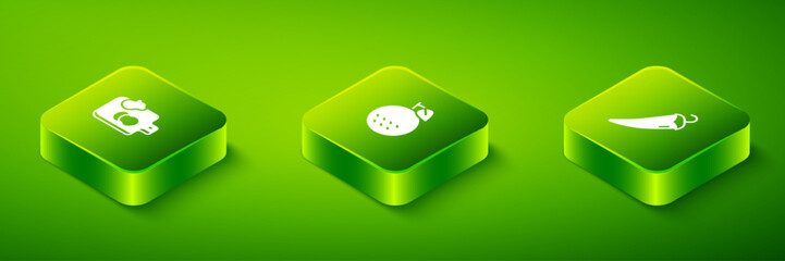 Set Isometric Orange fruit, Hot chili pepper and Cutting board with vegetables icon. Vector