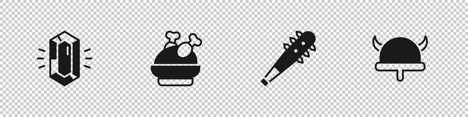 Set Gem stone, Roasted turkey or chicken, Mace with spikes and Viking in horned helmet icon. Vector