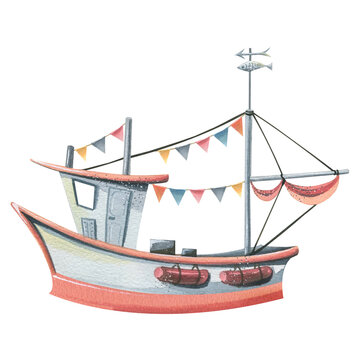 A small sailing fishing boat with garlands of flags. Watercolor illustration. Isolated object on a white background. For decoration and design, compositions of summer, sea and beach.