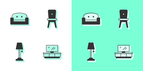 Set TV table stand, Armchair, Floor lamp and Chair icon. Vector