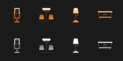 Set Big full length mirror, Chandelier, Floor lamp and Furniture nightstand icon. Vector