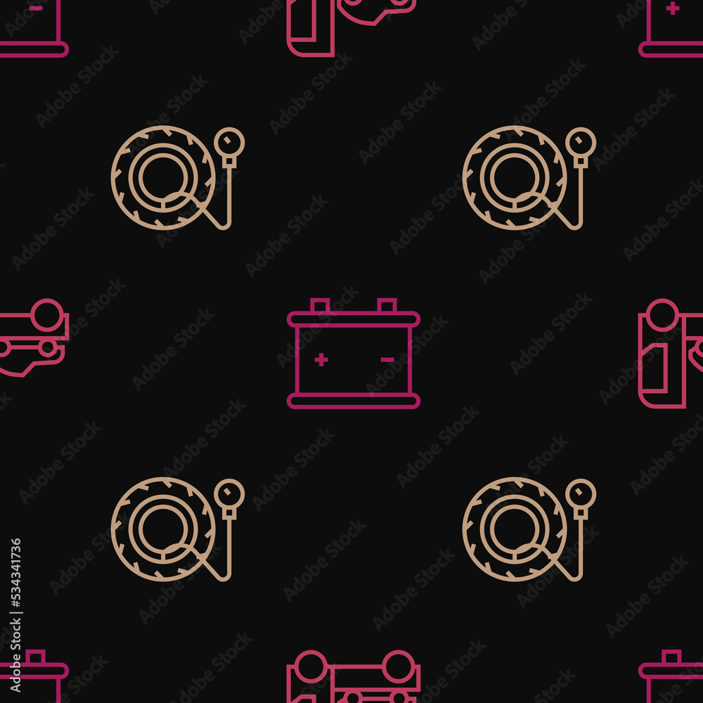 Sticker set line car transporter truck, tire pressure gauge and battery on seamless pattern. vector