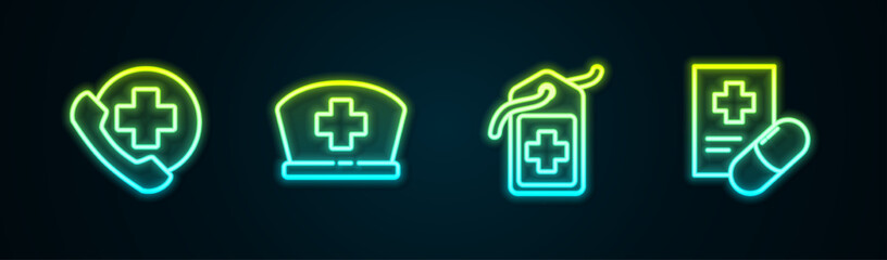 Set line Emergency phone call to hospital, Nurse hat with cross, Cross medical tag and Medical prescription. Glowing neon icon. Vector