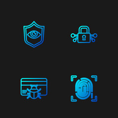 Set line Fingerprint, System bug credit card, Shield and eye and Cyber security. Gradient color icons. Vector