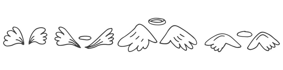 Set of cute hand-drawn doodle elements about love. Message stickers for apps. Icons for Valentines Day, romantic events and wedding. Wings of angels with halos.