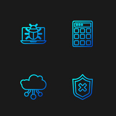 Set line Shield with cross mark, Internet of things, System bug on monitor and Password protection. Gradient color icons. Vector