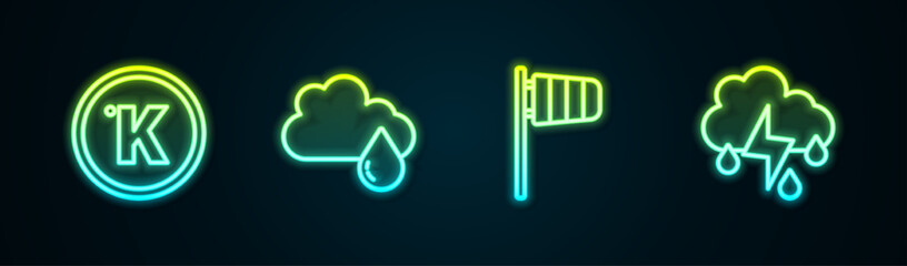 Set line Kelvin, Cloud with rain, Cone windsock wind vane and and lightning. Glowing neon icon. Vector - obrazy, fototapety, plakaty