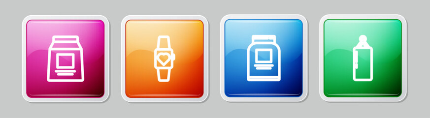 Set line Sports nutrition, Smartwatch, and Punching bag. Colorful square button. Vector