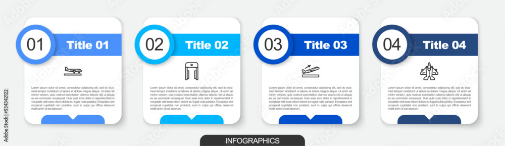 Sticker Set line Plane, Metal detector in airport, takeoff and Jet fighter. Business infographic template. Vector