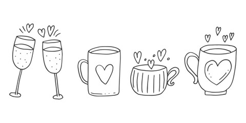 Set of cute hand-drawn doodle elements about love. Message stickers for apps. Icons for Valentines Day, romantic events and wedding. Cups with a love drink and hearts and champagne.