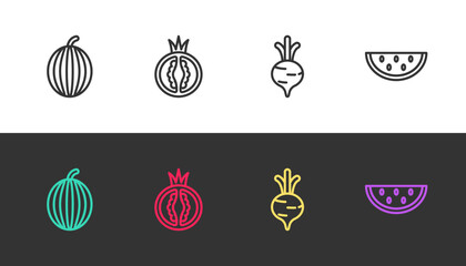 Set line Watermelon, Tomato, Beet and on black and white. Vector