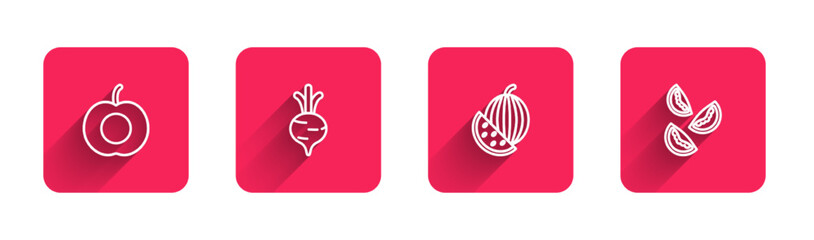 Set line Peach fruit, Beet, Watermelon and Tomato with long shadow. Red square button. Vector