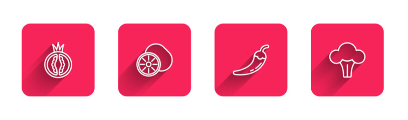Set line Tomato, Kiwi fruit, Hot chili pepper pod and Broccoli with long shadow. Red square button. Vector