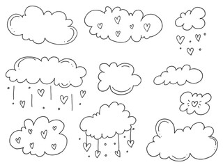 Set of cute hand-drawn doodle elements about love. Message stickers for apps. Icons for Valentines Day, romantic events and wedding. Clouds and rain from hearts.