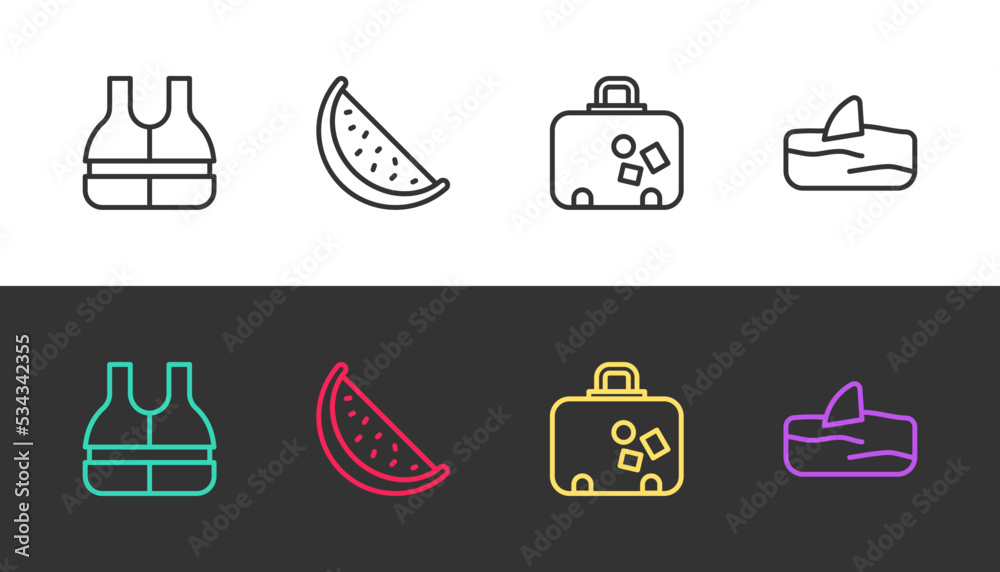 Canvas Prints set line life jacket, watermelon, suitcase and shark fin in ocean wave on black and white. vector