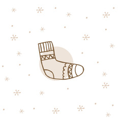 A hand-drawn winter clothing. Vector illustration in doodle style. Winter mood. Hello 2023. Merry Christmas and Happy New Year. Brown sock with ornament on a white background with snowflakes.
