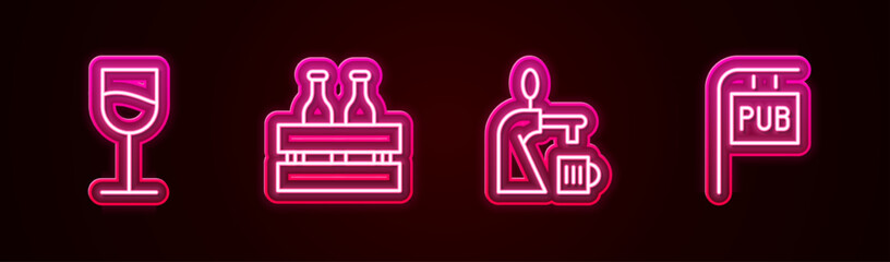 Set line Wine glass, Pack of beer bottles, Beer tap with and Street signboard Pub. Glowing neon icon. Vector