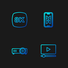 Set line Online play video, Movie, film, media projector, 8k Ultra HD and Buy cinema ticket online. Gradient color icons. Vector