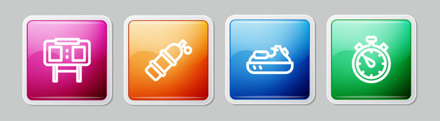 Set line Sport mechanical scoreboard, Aqualung, Jet ski and Stopwatch. Colorful square button. Vector