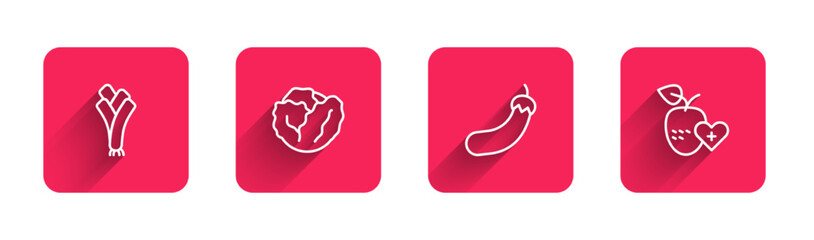 Set line Leek, Cabbage, Eggplant and Healthy fruit with long shadow. Red square button. Vector