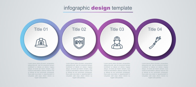 Set Line Firefighter Helmet, Emergency Call 911, And Hose Reel. Business Infographic Template. Vector