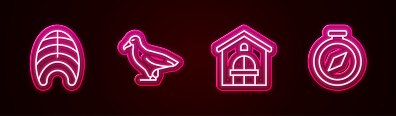 Set line Fish steak, Albatross, Farm house and Compass. Glowing neon icon. Vector