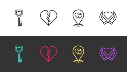 Set line Key in heart shape, Broken or divorce, Location with and Heart hand on black and white. Vector