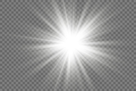 White glowing light explodes on a transparent background. with ray. Transparent shining sun, bright flash.