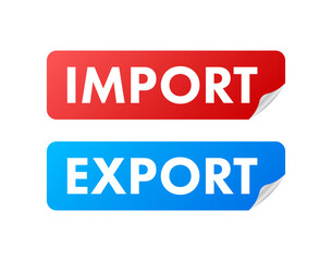 Port crane lift two red cargo containers with import and export words. Vector stock illustration.