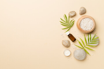Composition with spa products on color background, top view