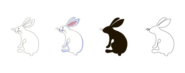 Set of four bunnies - in the style of one continuous line, doodle, outline and black silhouette. Animal. Symbol of the year 2023. Stock vector illustration, isolated on white background