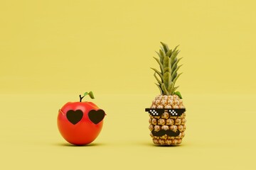 cool fruit. pineapple in pixel glasses and with a mustache next to a red apple in heart glasses. 3D render
