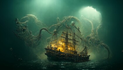 Above the water is a large Spanish Galleon filled with Treasure, under the water is a large Cthulhu monster with tentacles reaching for the ship.