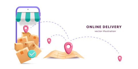 3d vector delivery service with pin location and map  on phone poster design