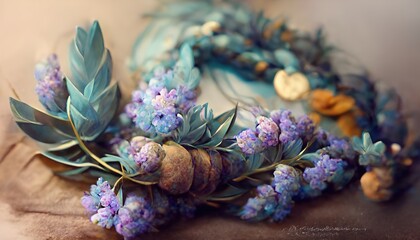Raster illustration of beautiful blue flower arrangemen. Botanical garden, fine art, painting. 3D artwork background