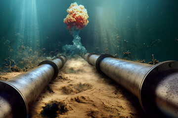 pipeline sabotage, underwater pipes, undersea explosions, industrial gas pipeline, nord stream leaks, 3d rendering combined with generative ai - obrazy, fototapety, plakaty