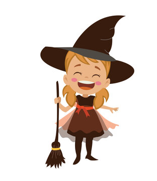 girl in witch costume on flying broom