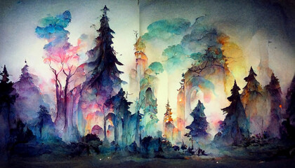 Obraz na płótnie Canvas A fabulous watercolor ancient illustration of a tree of life with a bright aura. Magic fairy forest.