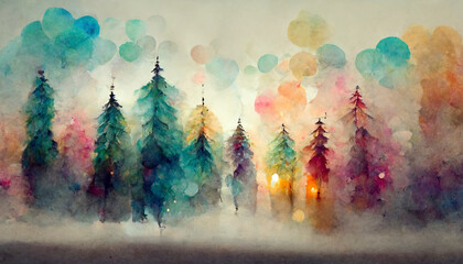 Lovely magic colored blurred foggy forest trees with illustrated abstract bokeh light.