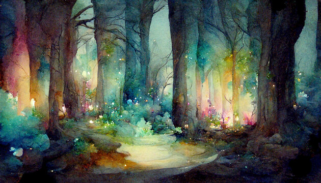 Enchanting Watercolor Painting of a Glowing Forest