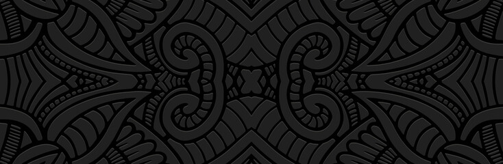 Banner, cover design. Embossed geometric exotic 3d pattern on black background, boho style, paper press. Tribal ornamental ethnos of the East, Asia, India, Mexico, Aztecs, Peru.