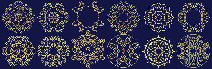 Collection of ethnic isolated vintage patterns, logos, monograms, mandalas. Golden texture. Set of geometric elements for ornament. Template for design, decor. Eastern motives.